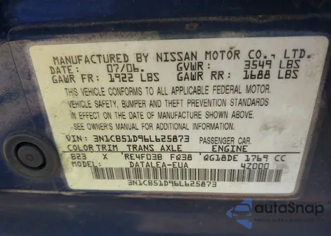 2006 Nissan Sentra 1.8S из США, поврежденный, VIN 3N1CB51D96L625873